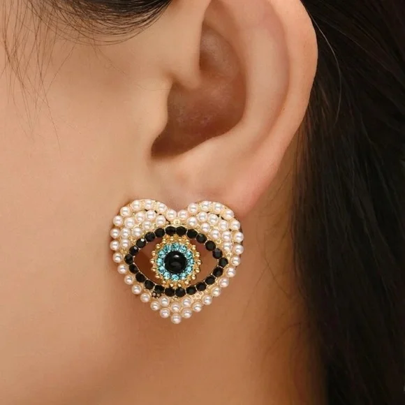 Heart-Shaped Evil Eye Pearl Earrings; NWOT - Picture 2 of 3